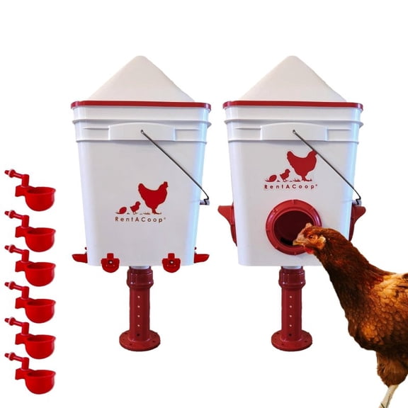 RentACoop Chicken Feeder & Waterer Set 25lb No-Waste Feeder with 4 Large Ports + 5-Gallon Waterer with Auto-Fill Cups & Horizontal Nipples