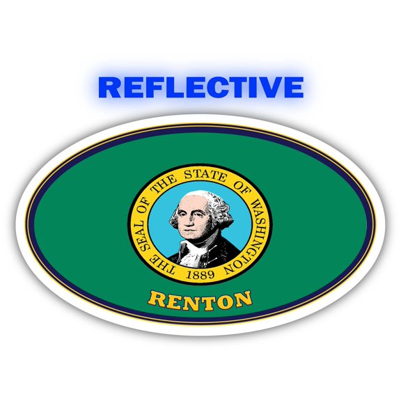 Renton City Washington State Flag | WA Flag King County Oval State Colors Reflective Sticker Car Decal 3x5 inches