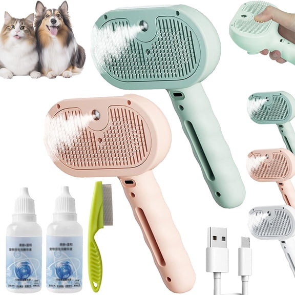 Renu Dog Brush, Freshfur Shower Brush+bathing Solution, Chewie Steam Brush for Dogs Shedding, 3 in 1 Rechargeable Steams Cat Brushes Self Cleaning Hair Removal Grooming Supplies Tool for Indoor