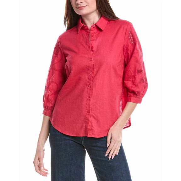 Renuar womens  Woven Button Front Linen-Blend Blouse, XL, Red
