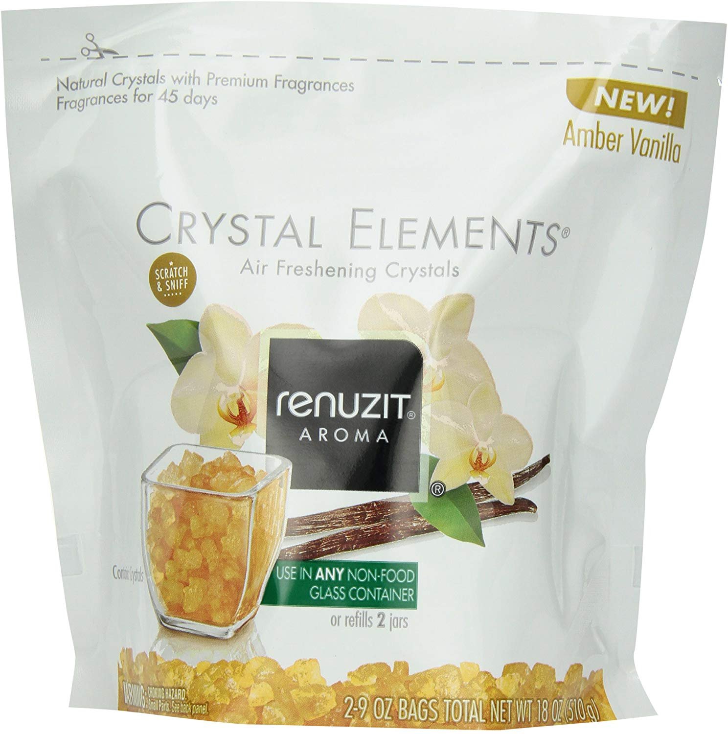 Renuzit Crystal Elements Air Freshening Crystals, Amber Vanilla. 18 oz