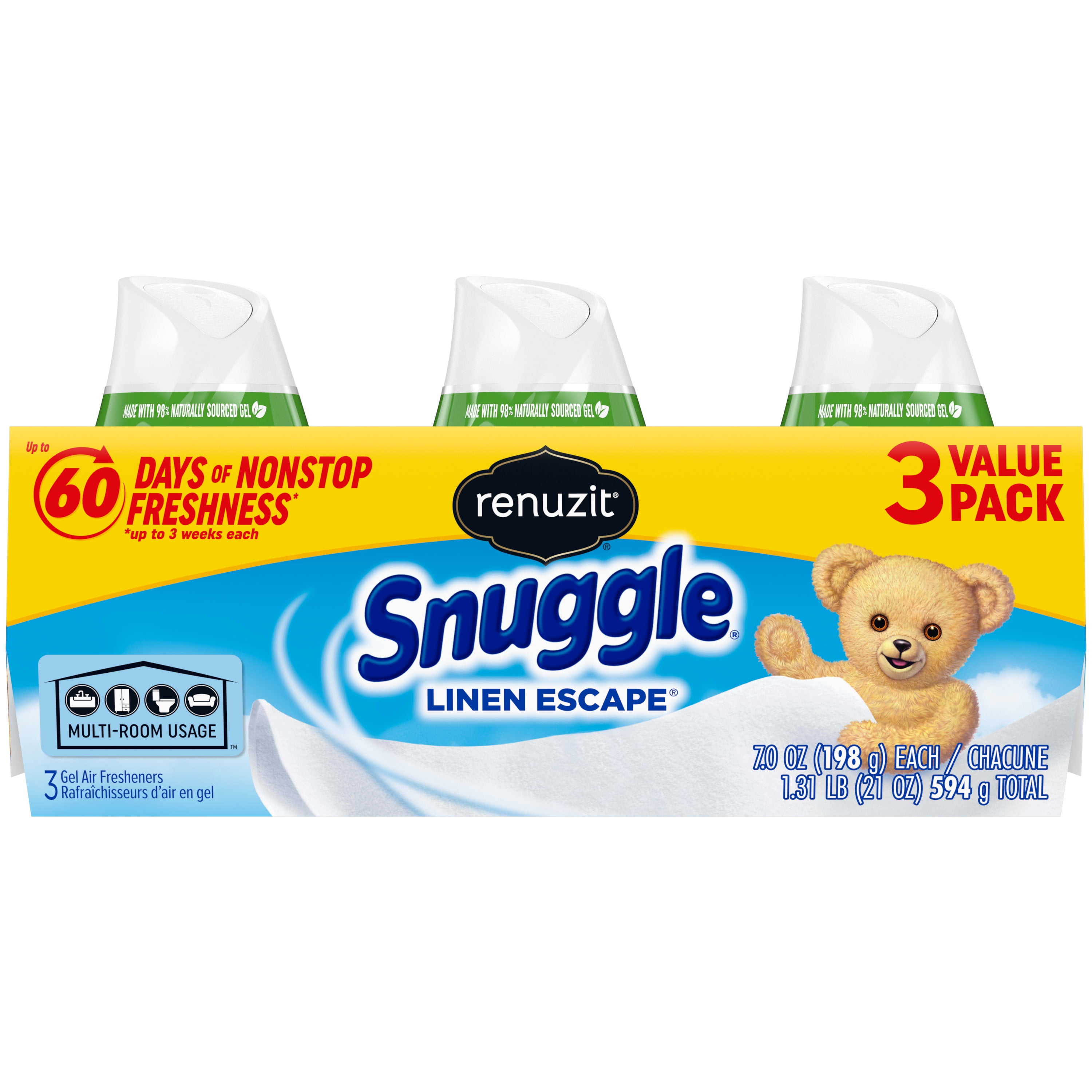 Renuzit Snuggle Solid Gel Air Freshener Cones, Linen Escape Scent, Nonstop Freshness, 7 Ounces, 3 Cones