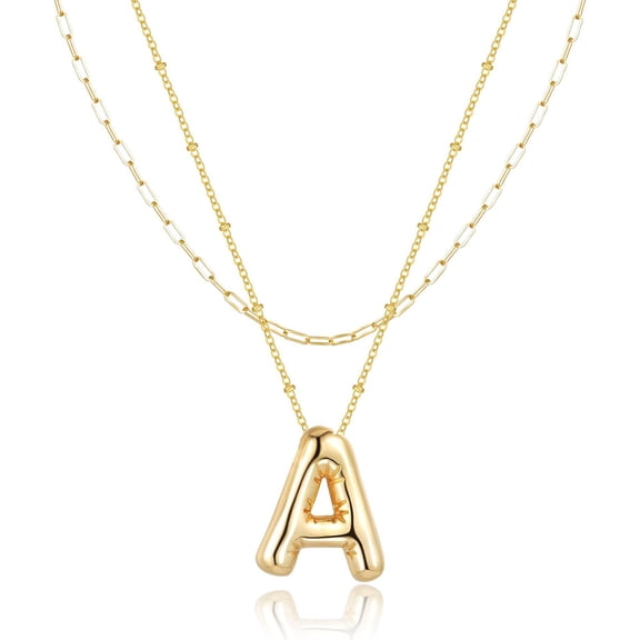 Renvor 2PCS Bubble Letter Initial Necklace for Women, Dainty 18K Gold Plated Alphabet Pendant with Chain, Layering Jewelry Gift
