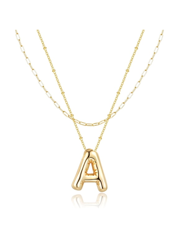 2PCS Bubble Letter Initial Necklace for Women, Dainty 18K Gold Plated Alphabet Pendant with Chain, Layering Jewelry Gift