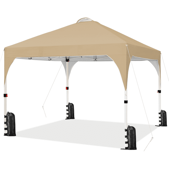 Renwick 10x10 Ft Pop Up Canopy Tent with Roller Bag and Sandbags, Khaki