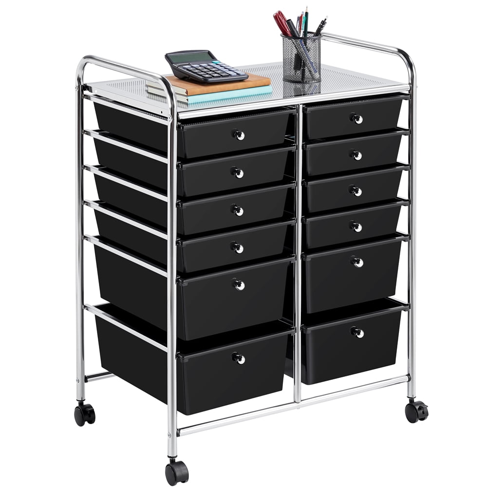 Renwick 12 Drawer Mobile Rolling Storage Cart for Home Office, Black