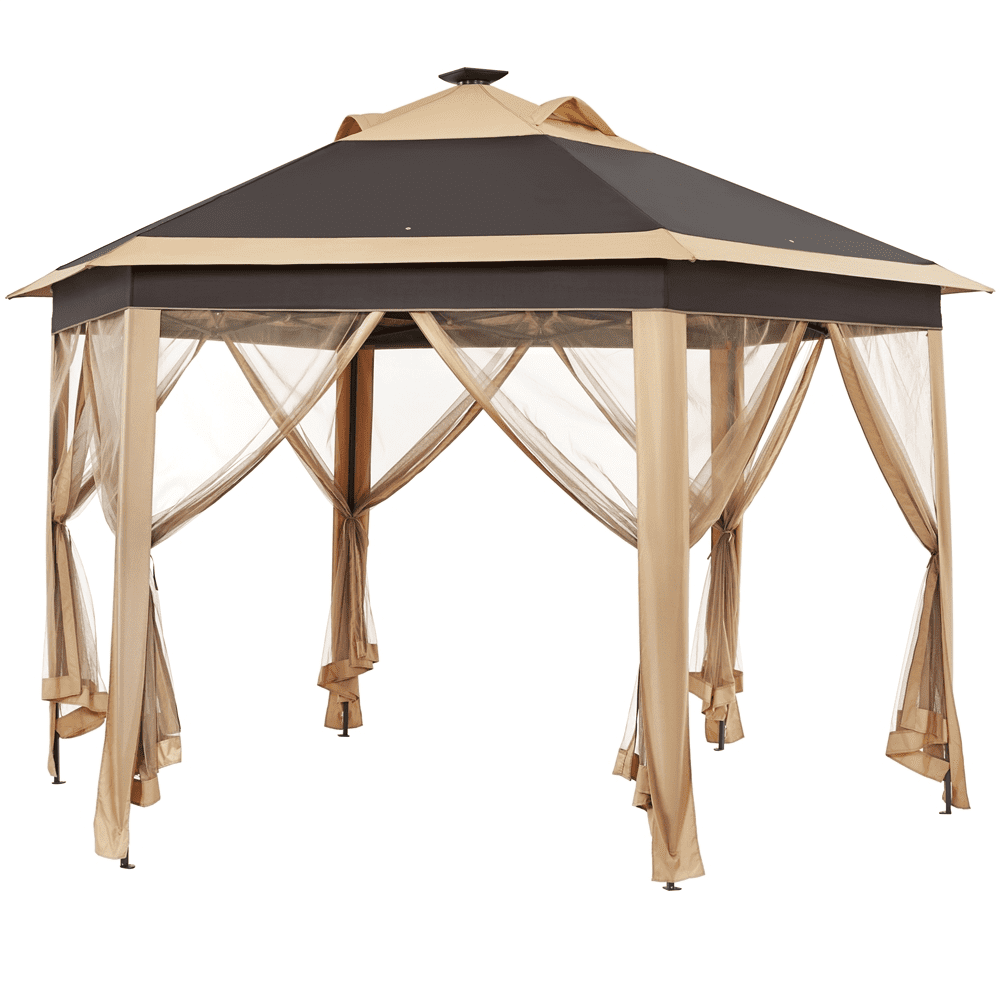 Renwick 13×13 Ft Hexagonal Pop Up Gazebo Tent with 25 Solar LED Lights, Khaki/Brown