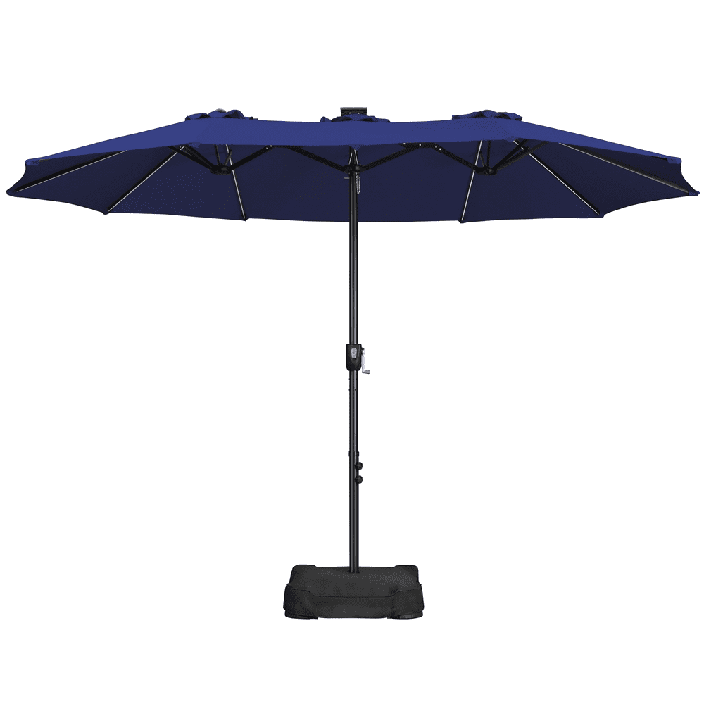 Renwick 13×8ft Large Patio Umbrella with Base & Solar Light Strips, Navy Blue