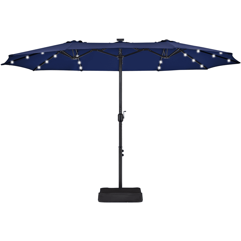 Renwick 13ft Large Patio Umbrella with Solar Lights & Base, Navy Blue