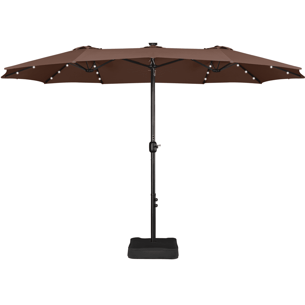 Renwick 15 ft Twin Patio Parasol Umbrella with Base & LED Lights, Brown