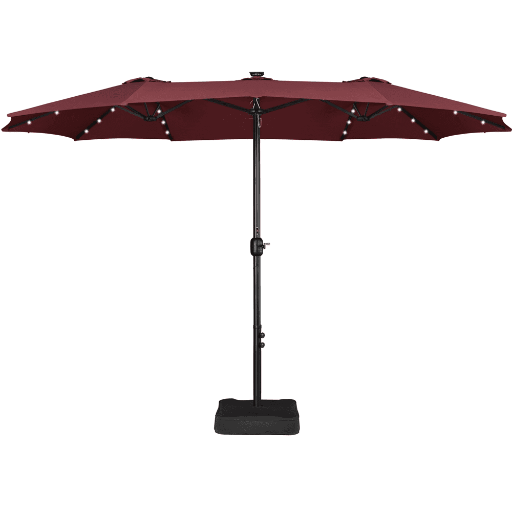 Renwick 15 ft Twin Patio Parasol Umbrella with Base & LED Lights, Burgundy