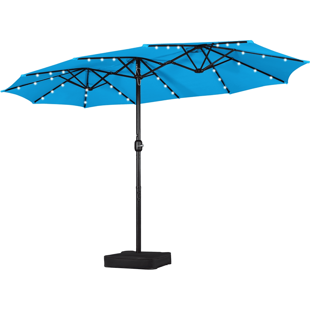 Renwick 15 ft Twin Patio Parasol Umbrella with Base & LED Lights, Sky Blue