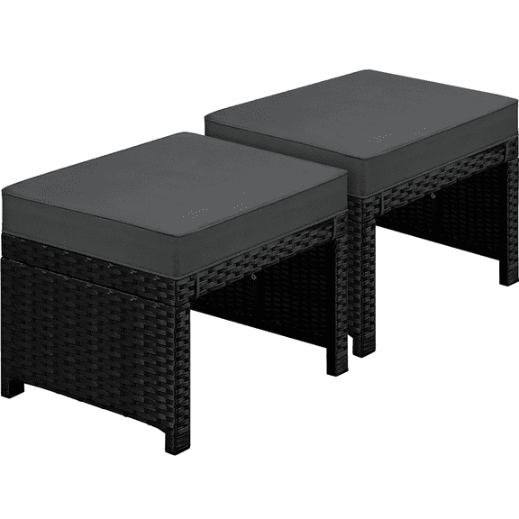 Renwick 2 Pieces Outdoor Wicker Ottomans with Removable Cushions, Black/Gray