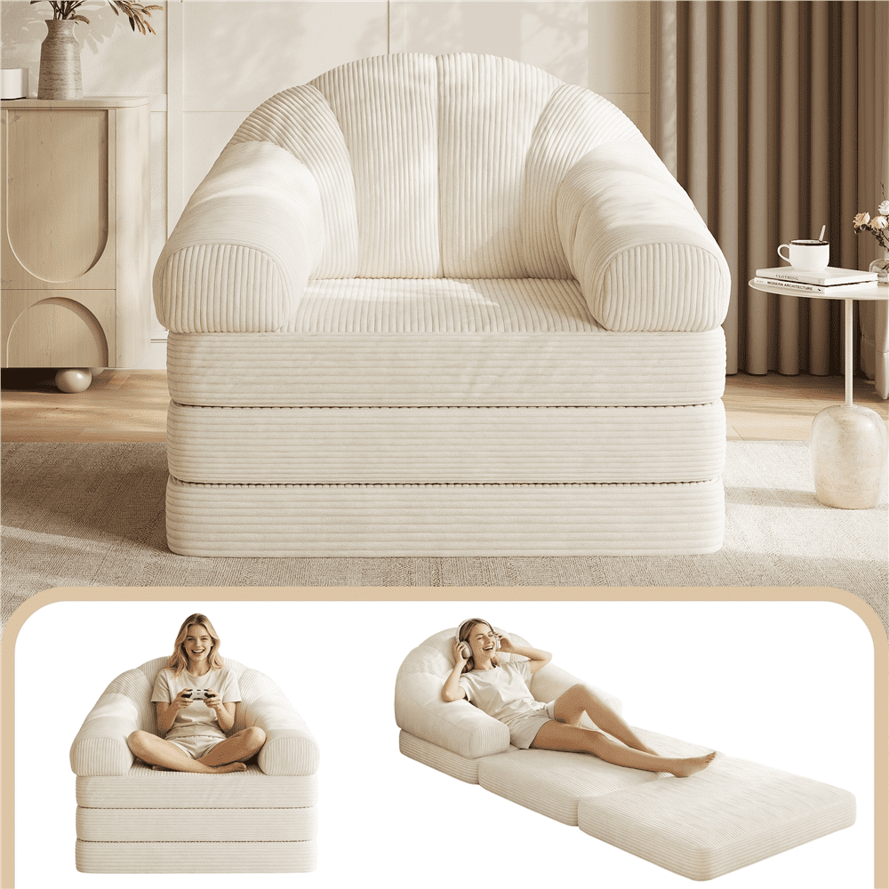 Renwick Convertible Sofa Bed 2-in-1 Folding Sleep Chair Bed Corduroy Couch with Armrests for Living Room and Bedroom, Beige