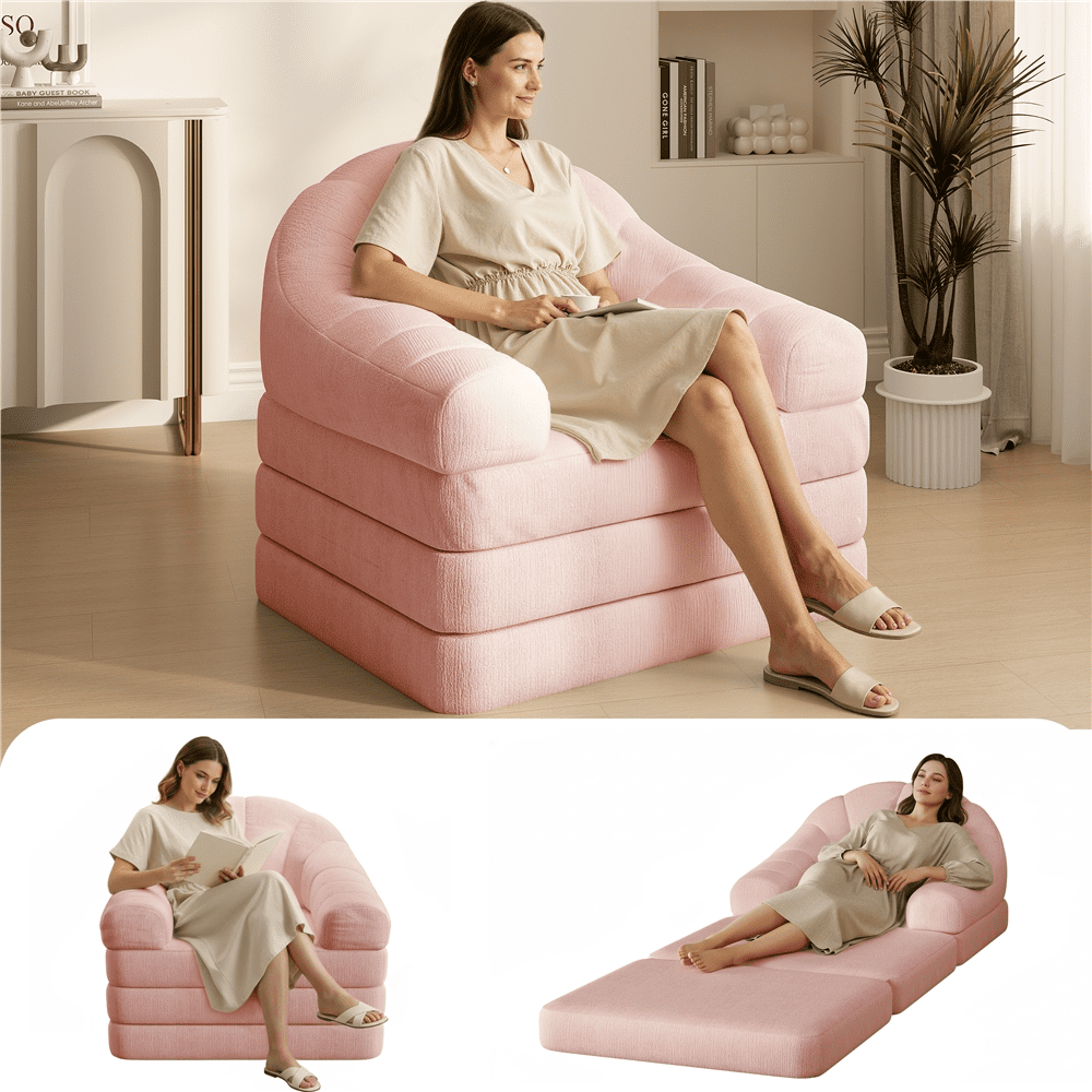Renwick 2-in-1 Convertible Sofa  Bed Folding Sleep Chair Bed Chenille Sofa with Armrests  for Living Room and Bedroom,Pink