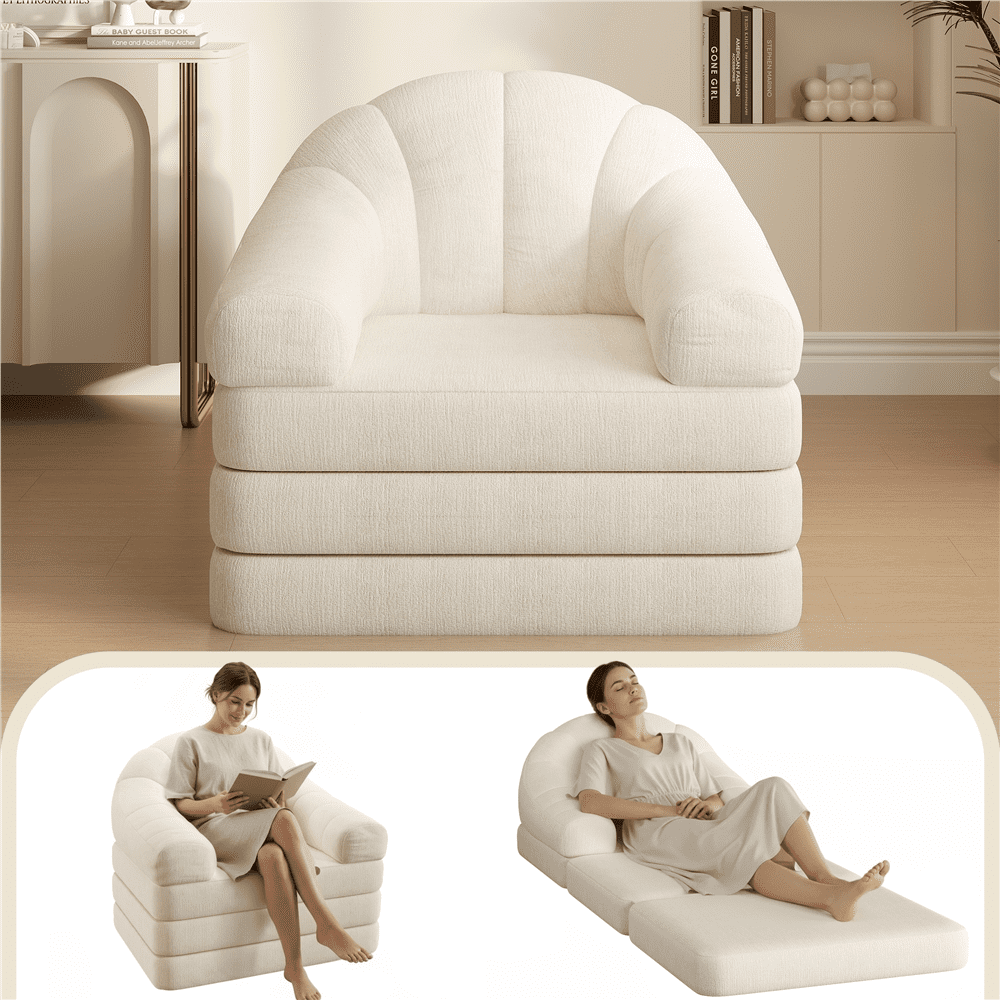 Renwick 2-in-1 Convertible Sofa  Bed Folding Sleep Chair Bed Chenille Sofa with Armrests  for Living Room and Bedroom, Beige