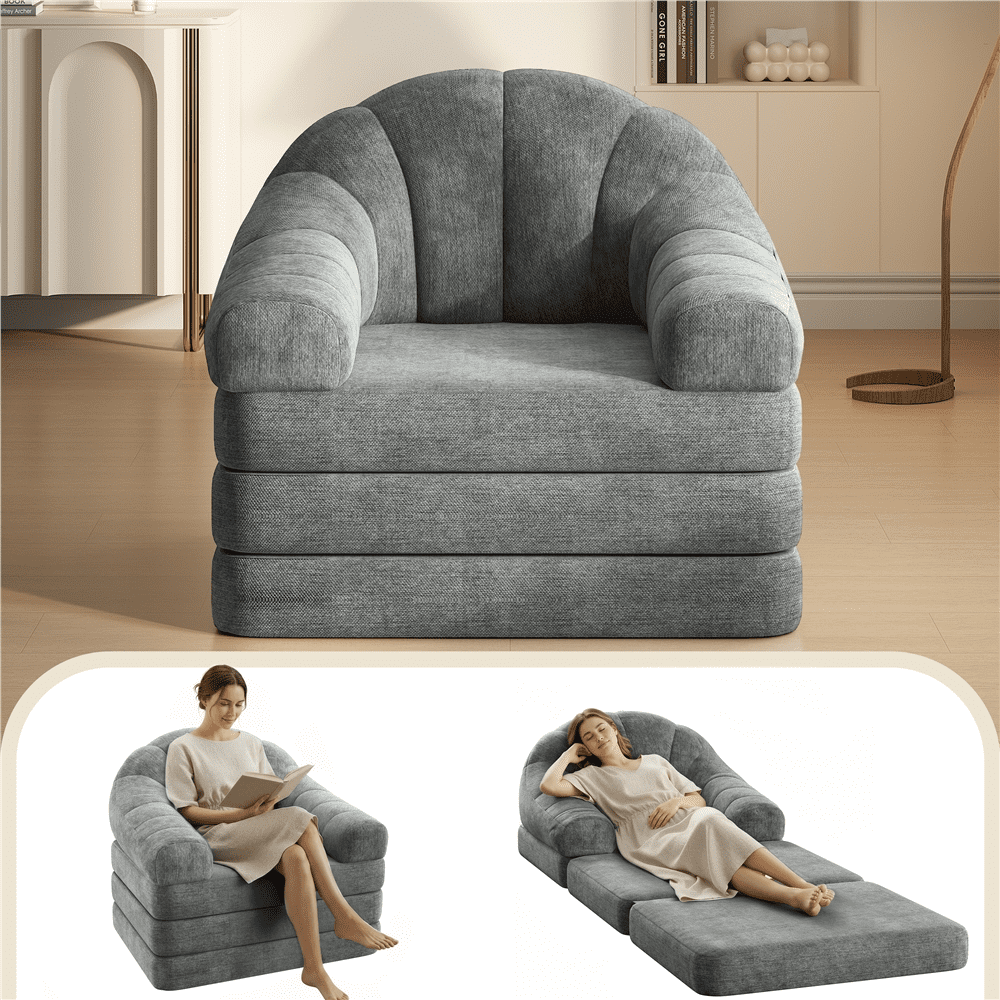 Renwick 2-in-1 Convertible Sofa  Bed Folding Sleep Chair Bed Chenille Sofa with Armrests  for Living Room and Bedroom, Gray