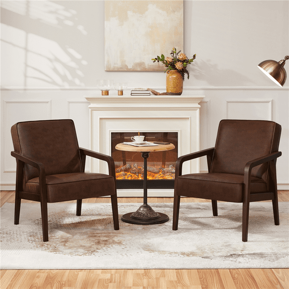 Renwick 2pcs Mid-Century Modern Upholstered Faux Leather Armchair, Dark Brown