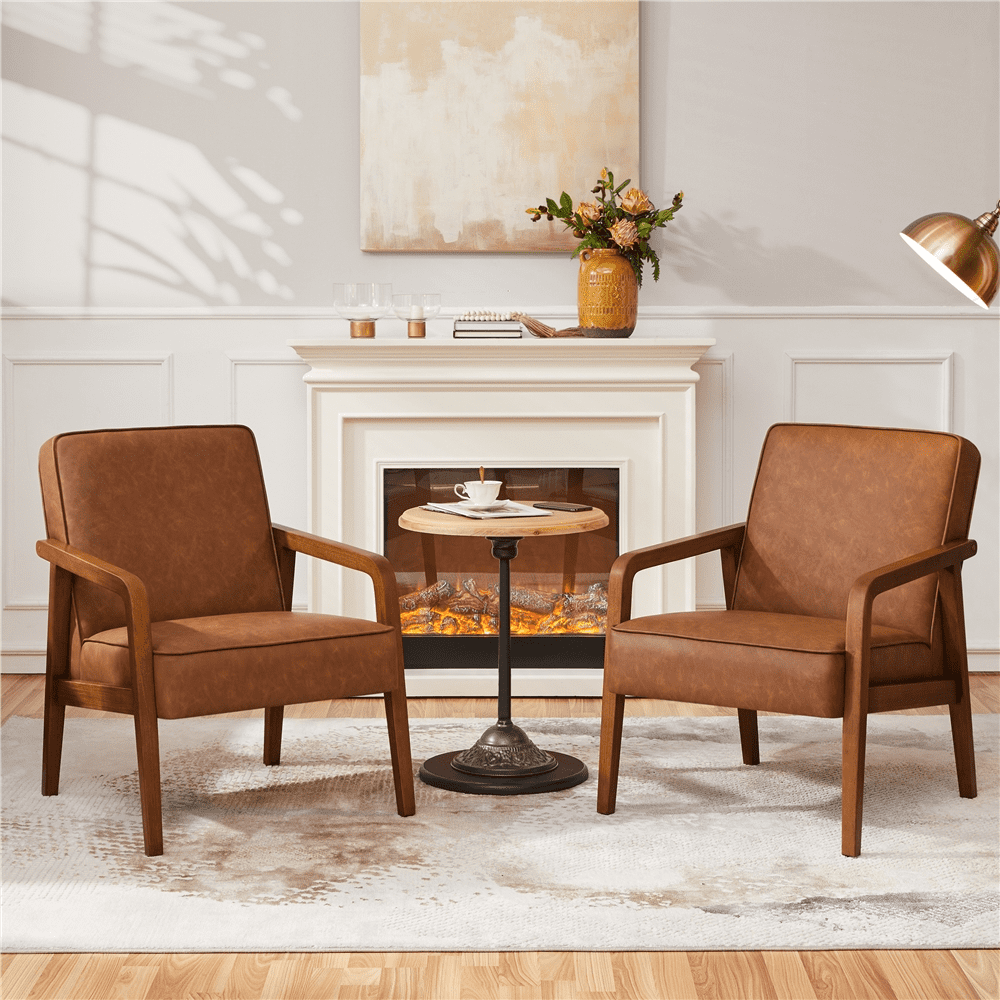 Renwick 2pcs Mid-Century Modern Upholstered Faux Leather Armchair, Light Brown