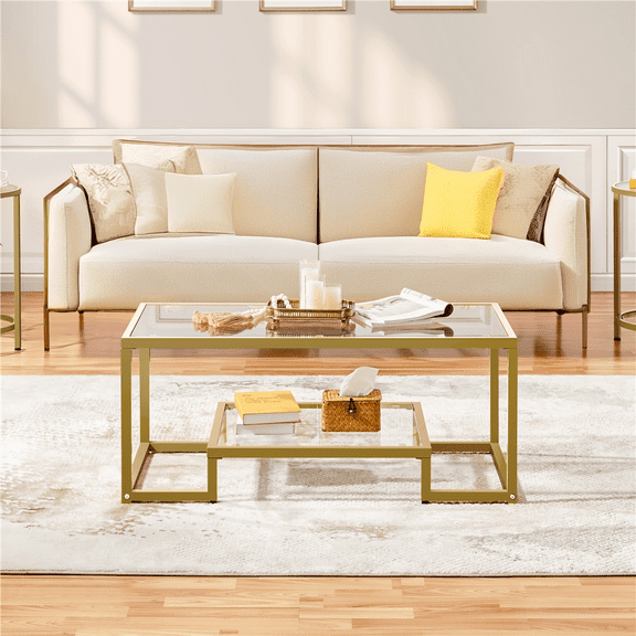 Renwick 3 Piece Modern Tempered Glass Coffee Table Set with Open Shelf, Antique Gold