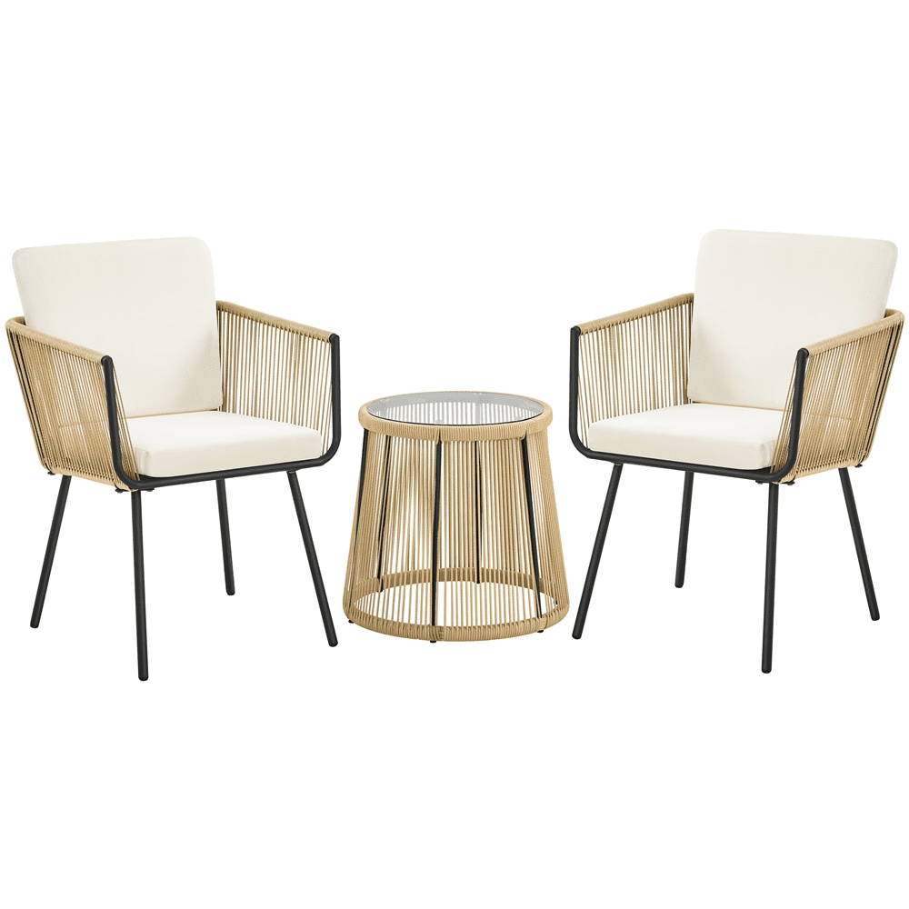 Renwick 3-Piece Outdoor Wicker Bistro Set with Table and 2 Chairs, Tan/Cream