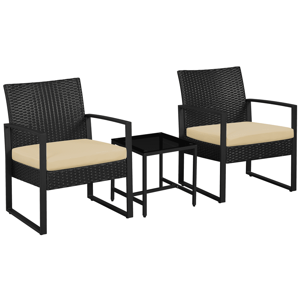 Renwick 3-Piece Patio Bistro Set with 2 PE Rattan Chairs and Table, Black/Khaki