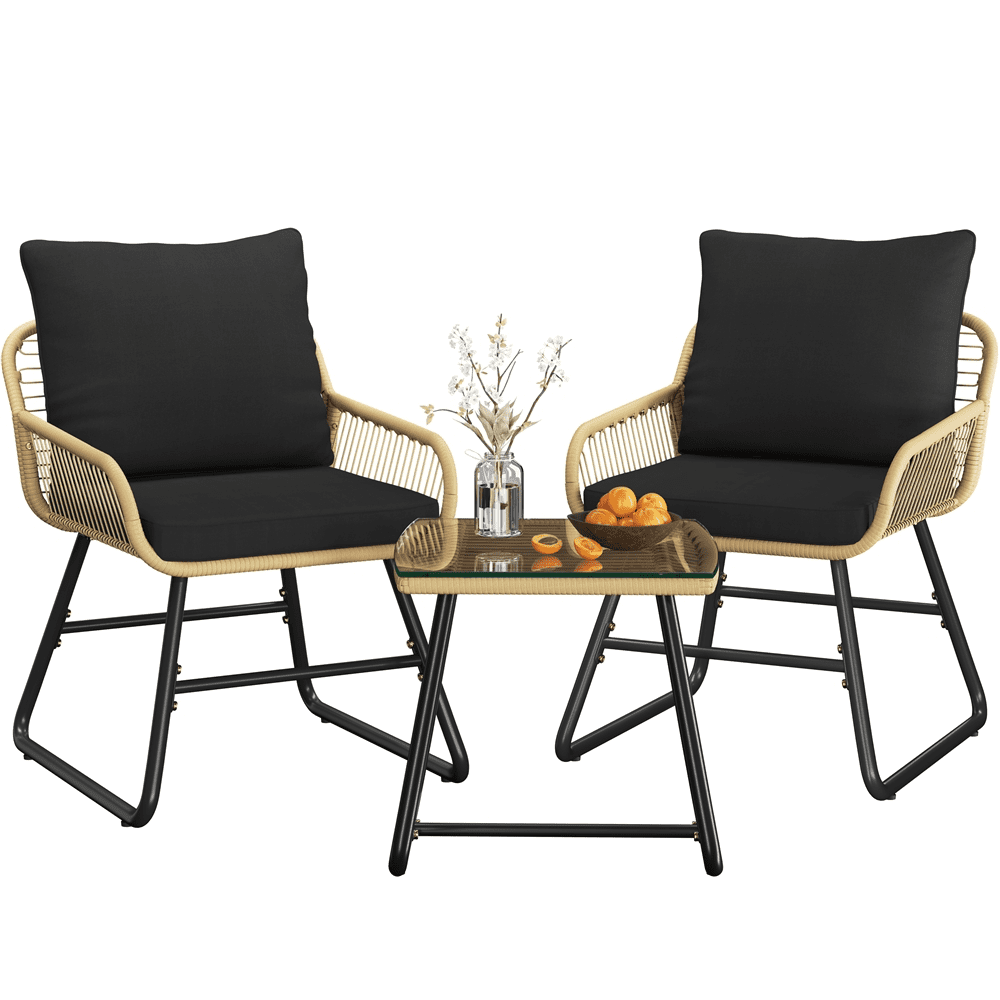 Renwick 3-Piece Patio Bistro Set with Wicker Rattan Chairs and Table, Tan/Black