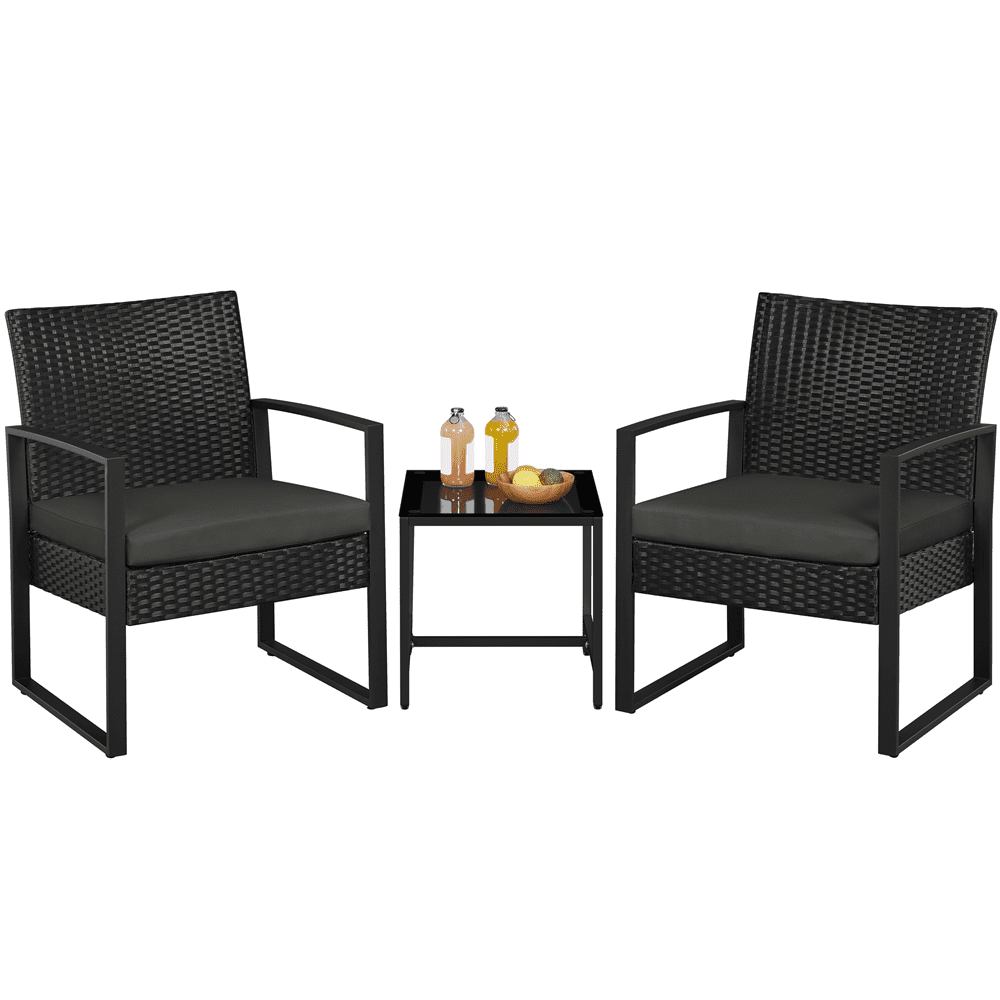 Renwick 3-Piece Patio Set Rattan Chairs & Table for Outdoor, Black/Gray