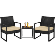 Renwick 3-Piece Patio Set Rattan Chairs & Table for Outdoor, Black/Khaki