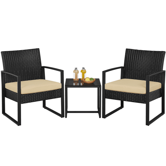Renwick 3-Piece Patio Set Rattan Chairs & Table for Outdoor, Black/Khaki