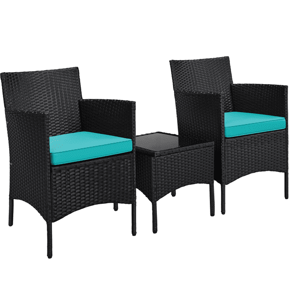 Renwick 3-Piece Rattan Furniture Set with 1 Side Table and 2 Chairs, Black/Cyan
