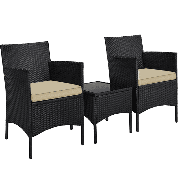 Renwick 3-Piece Rattan Furniture Set with 1 Side Table and 2 Chairs, Black/Khaki