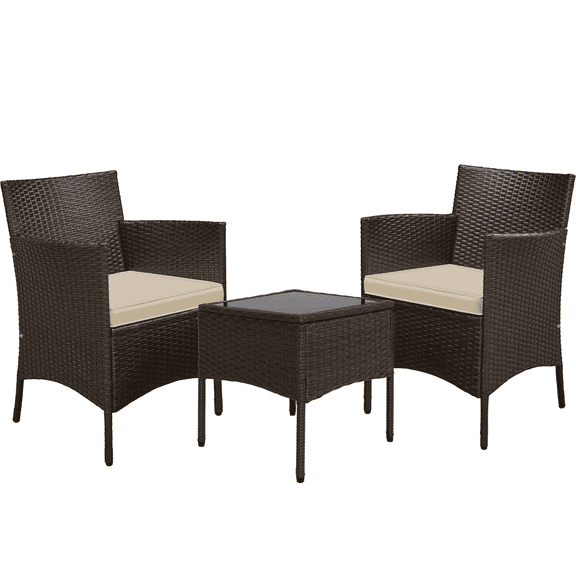 Renwick 3-Piece Rattan Furniture Set with 1 Side Table and 2 Chairs, Brown/Khaki
