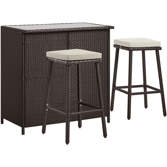 Renwick 3-Piece Rattan Patio Bar Set with Table and 2 Stools, Brown/Khaki