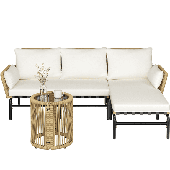 Renwick 3-Piece Wicker Rattan Patio Sectional Sofa Set with Table and Cushions, Tan/Cream