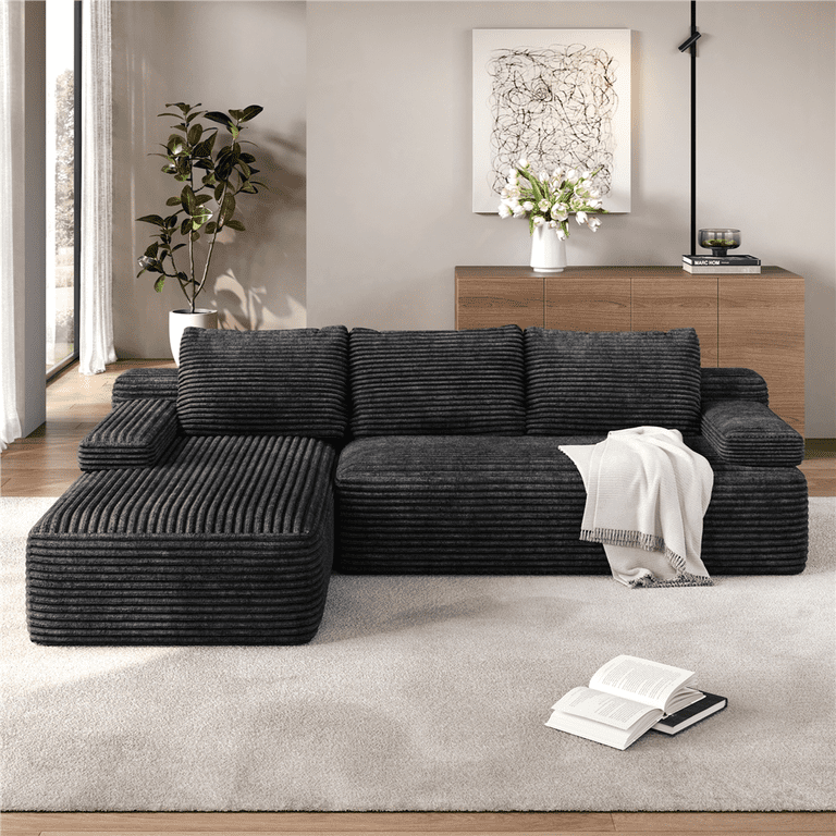 Renwick 110 inch Free Assembly L-Shaped Cloud Couch, Corduroy Sectional Sofa with 2 Armrests & 3 Detachable Pillows for Livingroom, Dark Gray