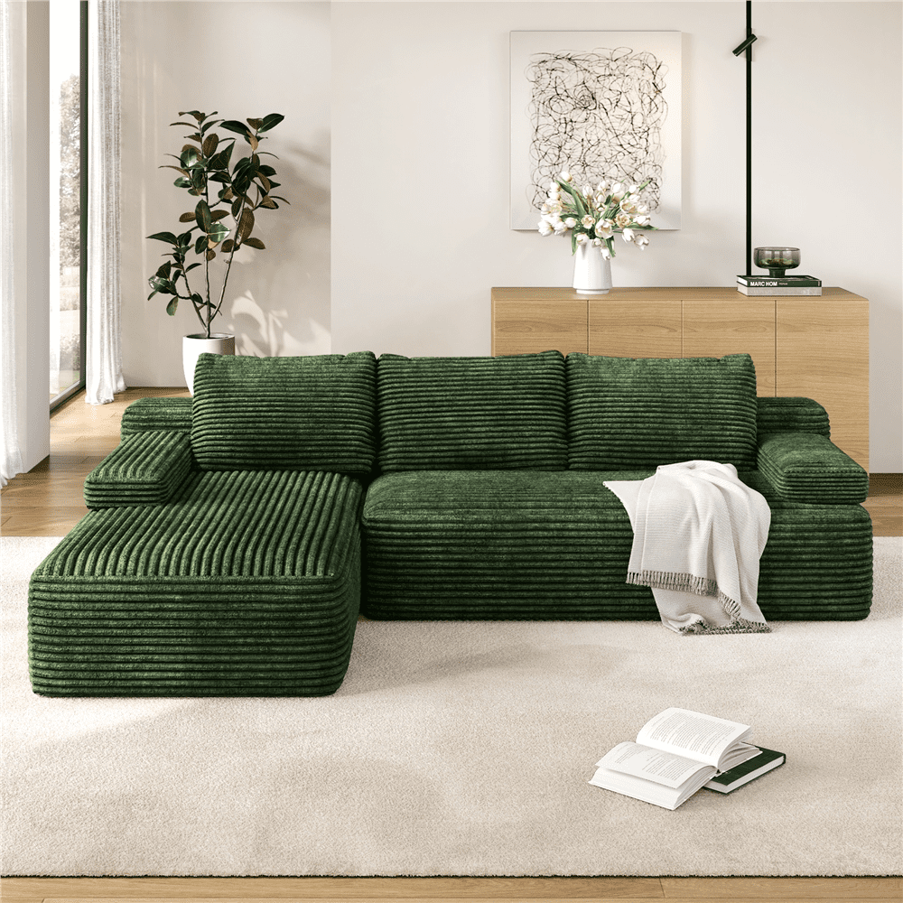 Renwick 110" L-Shaped Cloud Couch, Boneless Corduroy Sectional Sofa with 3 Detachable Pillows for Livingroom, Green