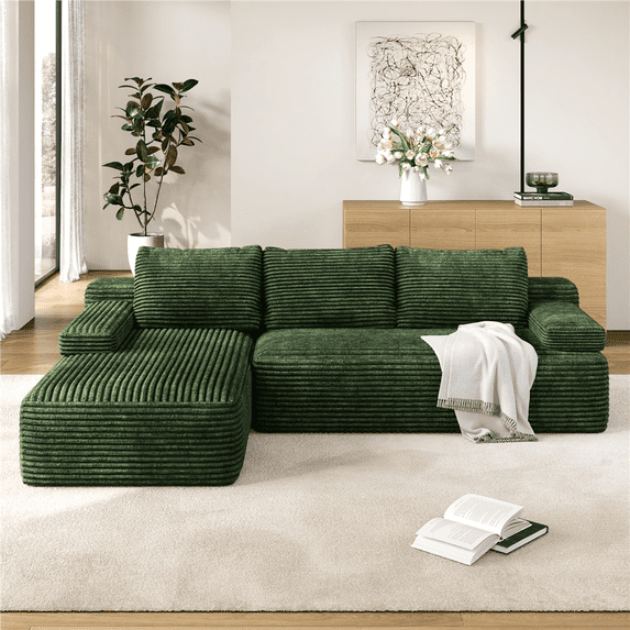 Renwick 110" L-Shaped Cloud Couch, Boneless Corduroy Sectional Sofa with 3 Detachable Pillows for Livingroom, Green