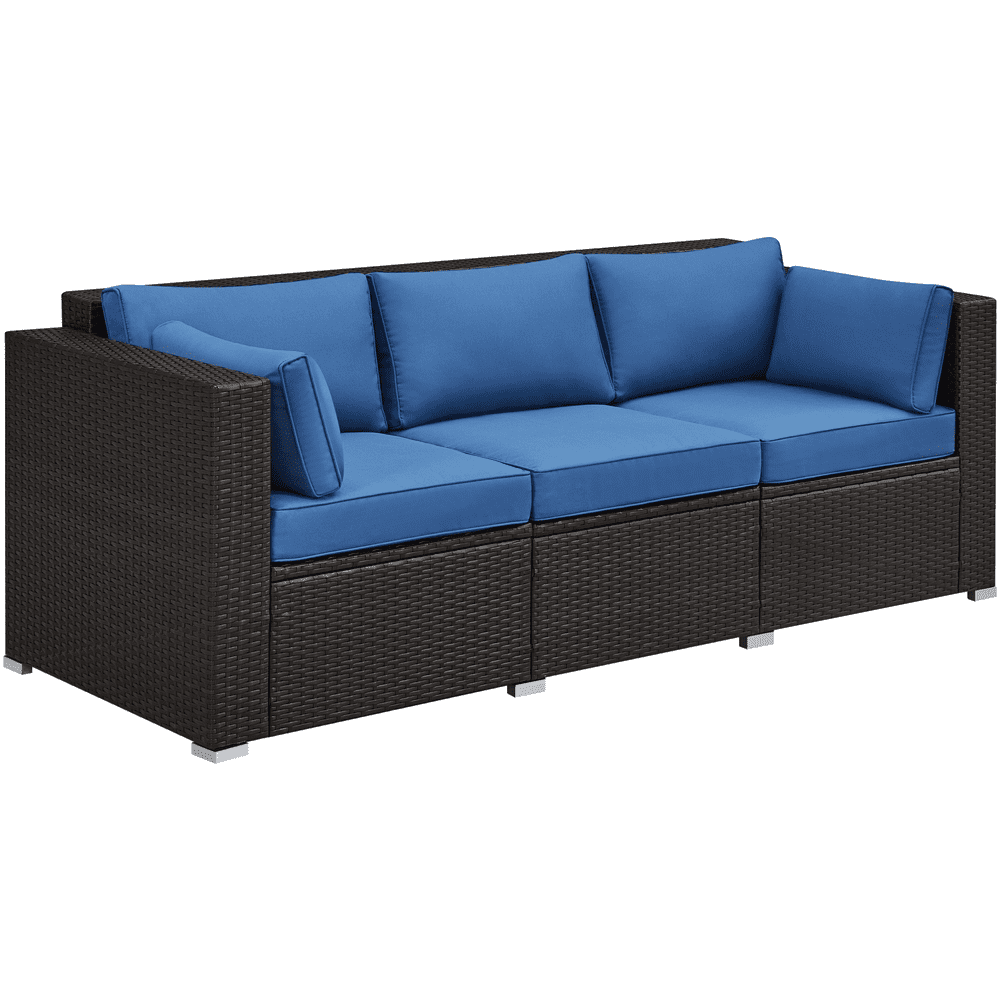 Renwick 3-Seater Outdoor Wicker Sofa with Throw Pillows, Black/Dark Blue