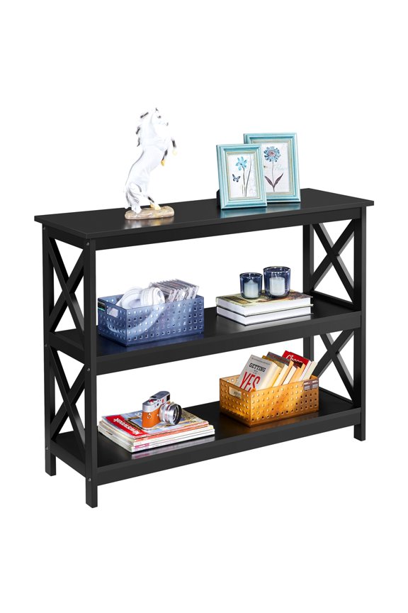 3-Tier Wooden X-Design Console Table with Storage Shelves for Living Room, Black