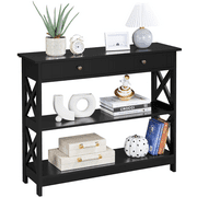 Renwick 3-Tier X-Design Wood Console Table with Storage Drawer, Black