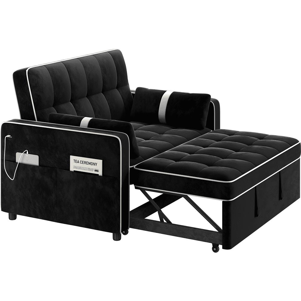 Renwick Convertible Sleeper Sofa Bed 3-in-1 Pull Out Couch Velvet Loveseat Couch with Adjustable Backrest, USB Ports, Side Pockets and Pillows for Living Room Bedroom, Black