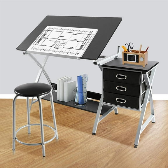 Renwick  Adjustable Steel Drafting Table with Stool, Black