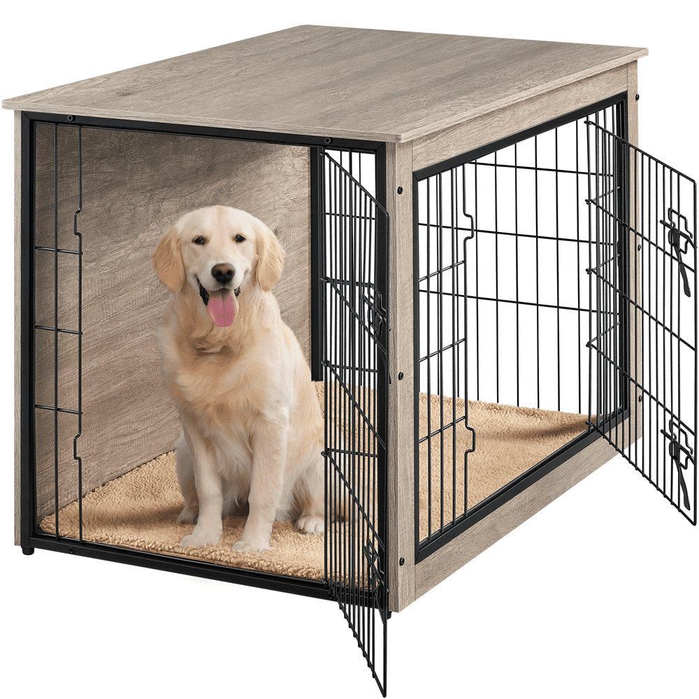 Renwick 38"W Industrial Dog Crate Furniture with Anti Skid Plush Mat, Gray