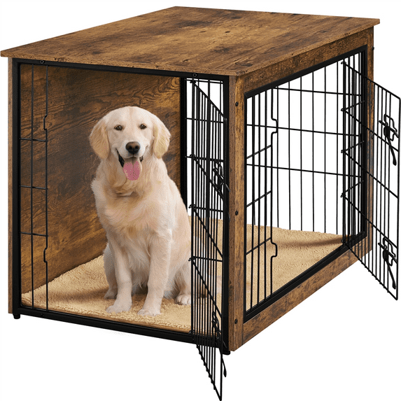 Renwick 38"W Industrial Dog Crate Furniture with Anti Skid Plush Mat, Rustic Brown