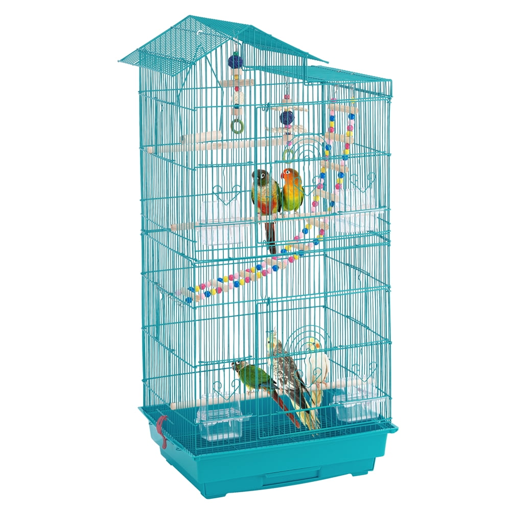 Renwick 39"H Metal Bird Cage Large Roof Top Huge House for Small Birds, Teal Blue