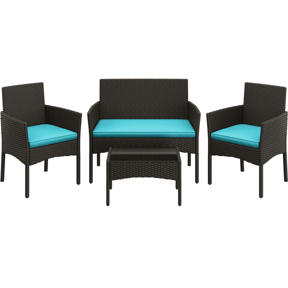 Renwick 4-Piece Outdoor Reception Set with Sofas and Coffee Table, Brown/Cyan