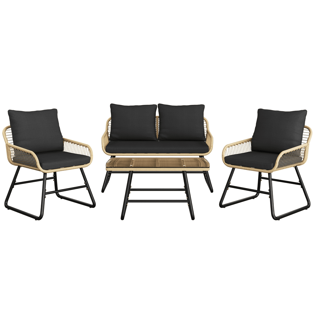 Renwick 4-Piece Patio Wicker Conversation Set with Loveseat, Table, 2 Chairs, Tan/Black