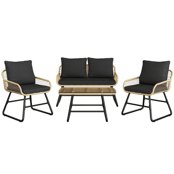 Renwick 4-Piece Patio Wicker Conversation Set with Loveseat, Table, 2 Chairs, Tan/Black