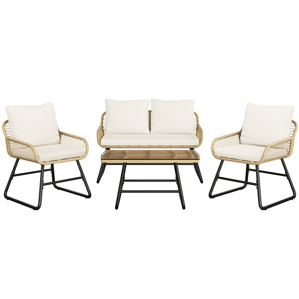 Renwick 4-Piece Patio Wicker Conversation Set with Loveseat, Table, 2 Chairs, Tan/Cream